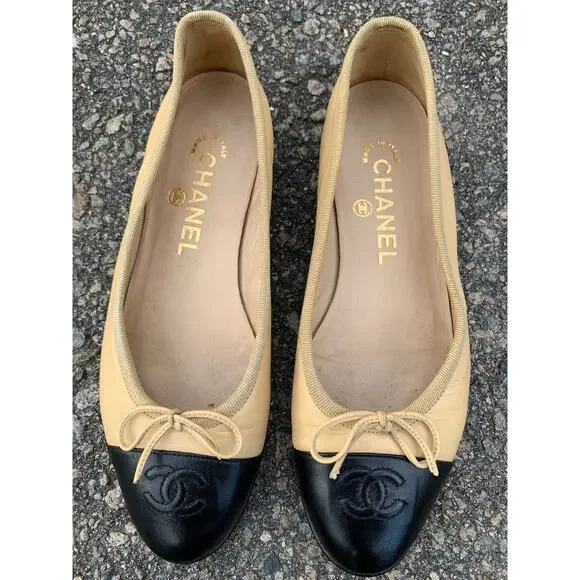 Authentic Chanel Lambskin Leather Ballet Flats Size 36 Two Tone Beige Black Tan - Picture 13 of 15